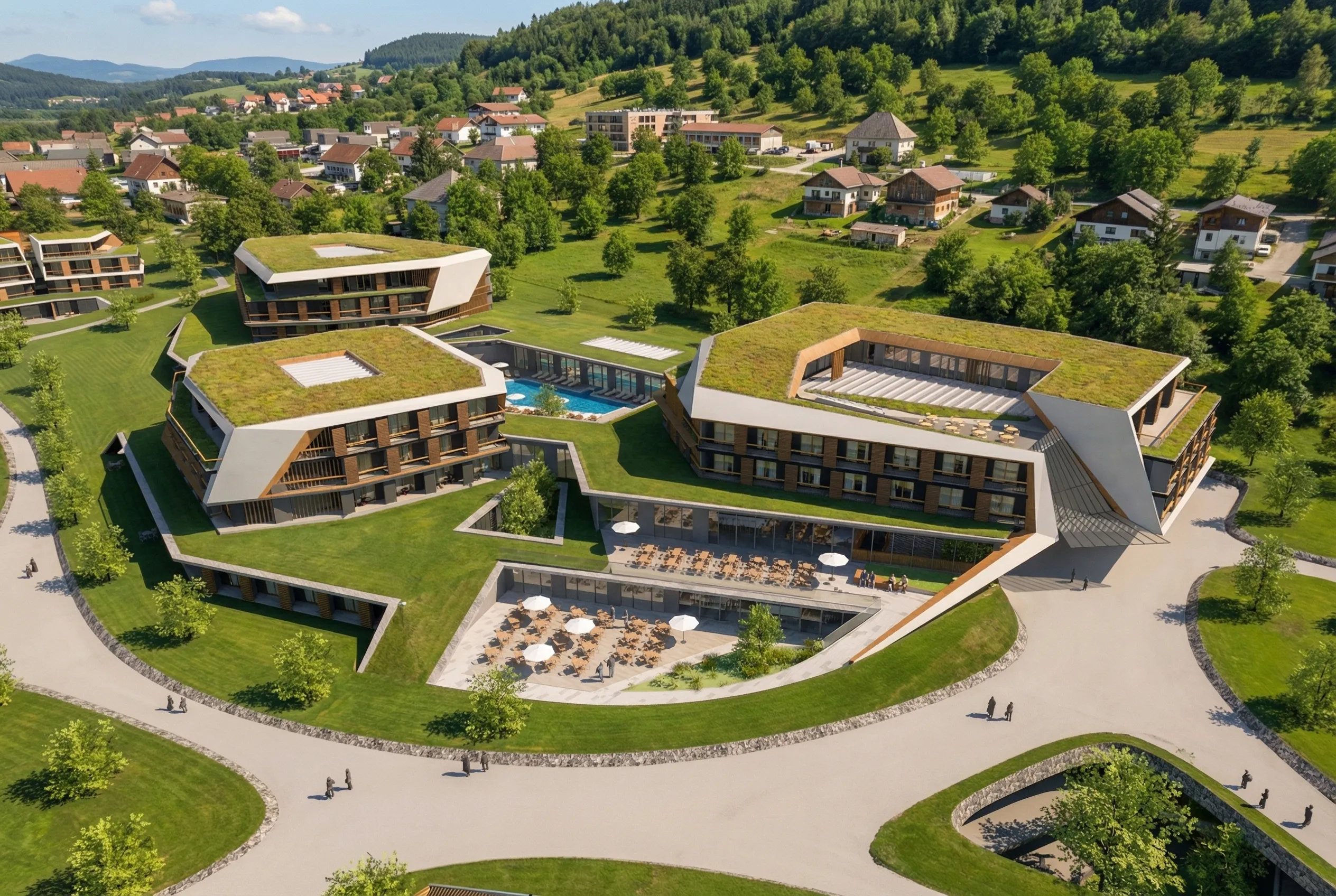 Aerial view of the development with green roofs in the village context